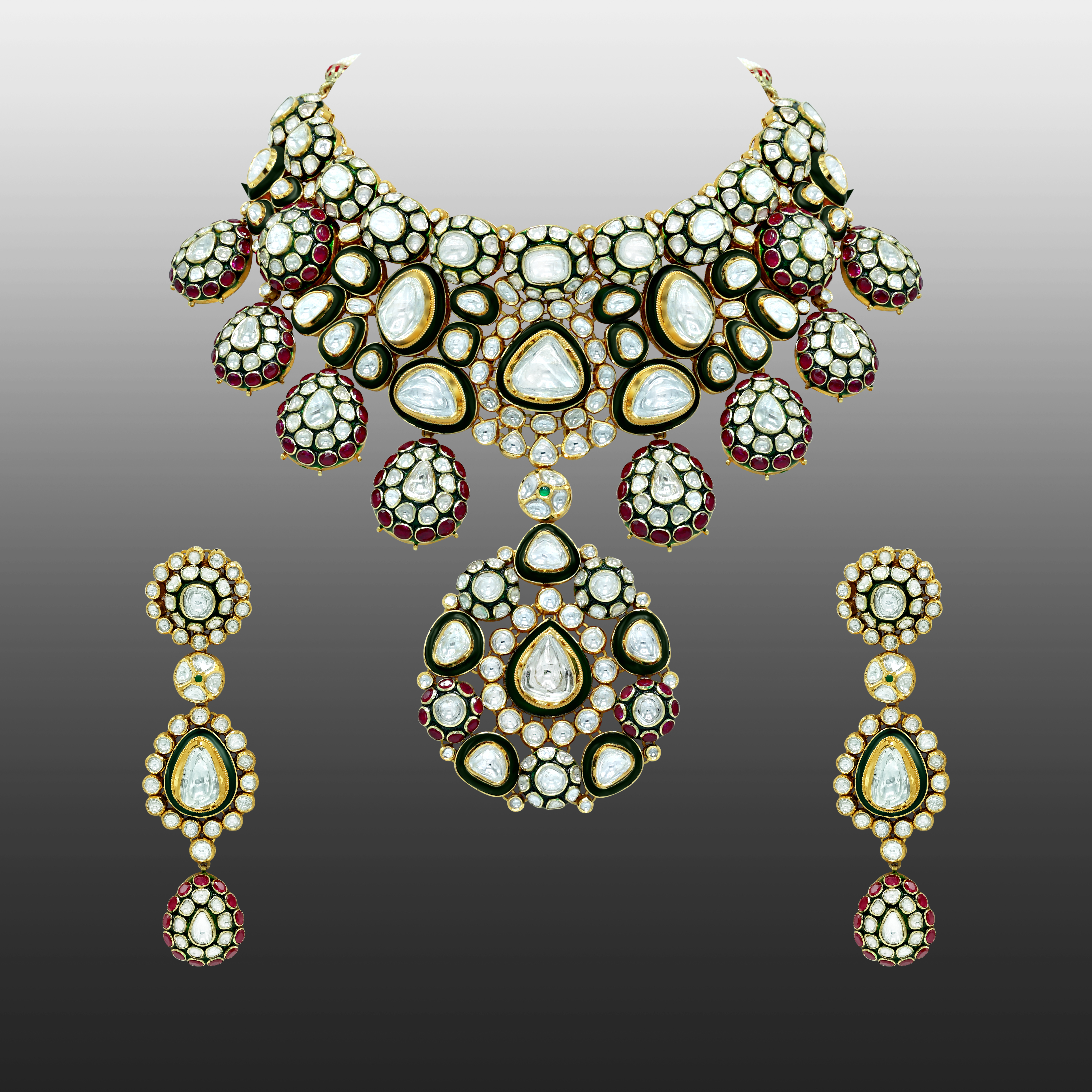 Bridal Polki Choker with Rubies, Green Meena, and Makadi Design Necklace Set